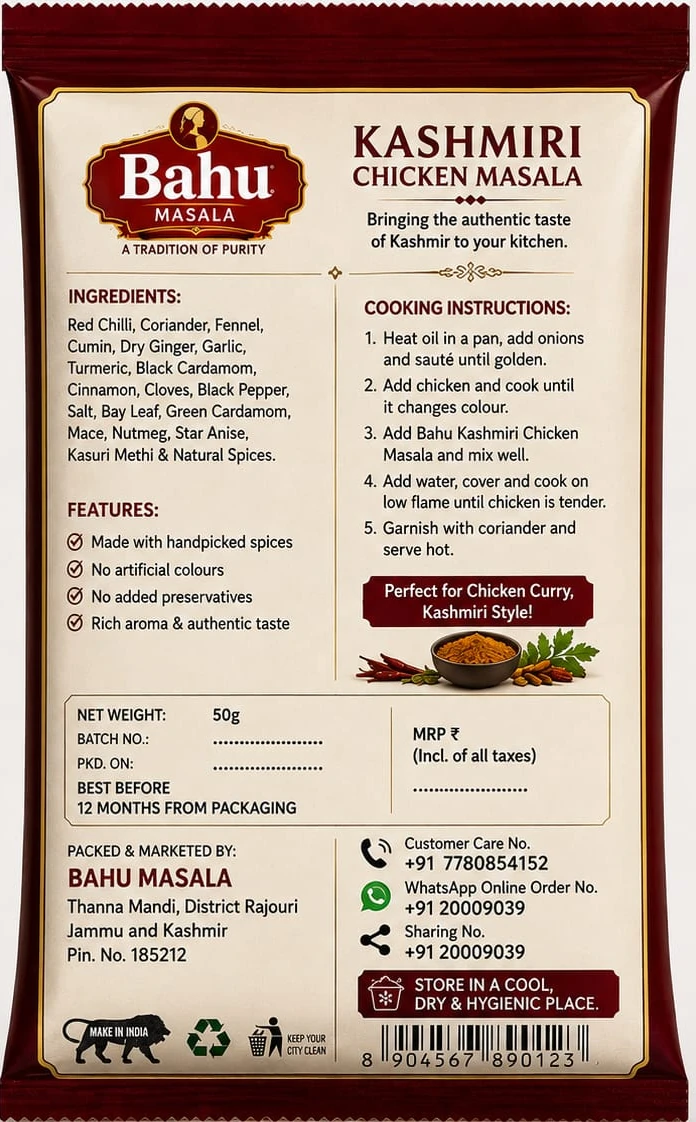Back of Kashmiri Chicken Masala packaging showing ingredients and instructions