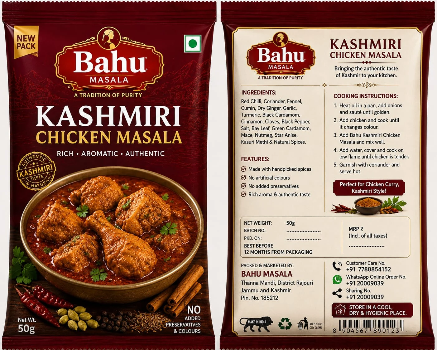 Front and back of Bahu Kashmiri Chicken Masala pack
